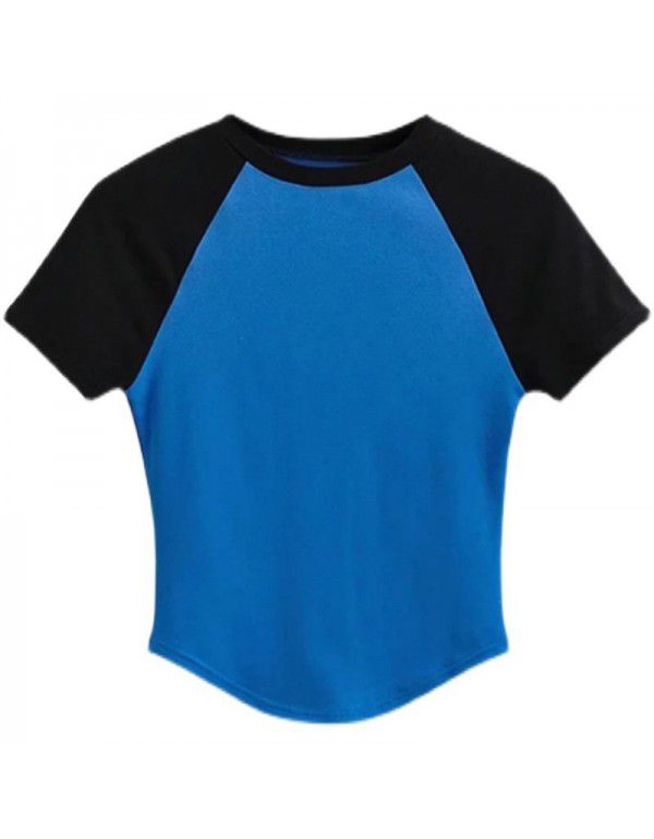 Retro panel contrast hem irregular versatile top summer basic round neck slim short t-shirt women 