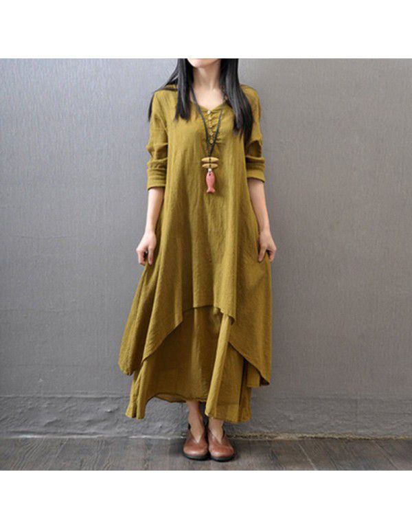 Spring and autumn holiday two-piece long skirt, artistic large linen dress, loose long-sleeved cotton and linen skirt 