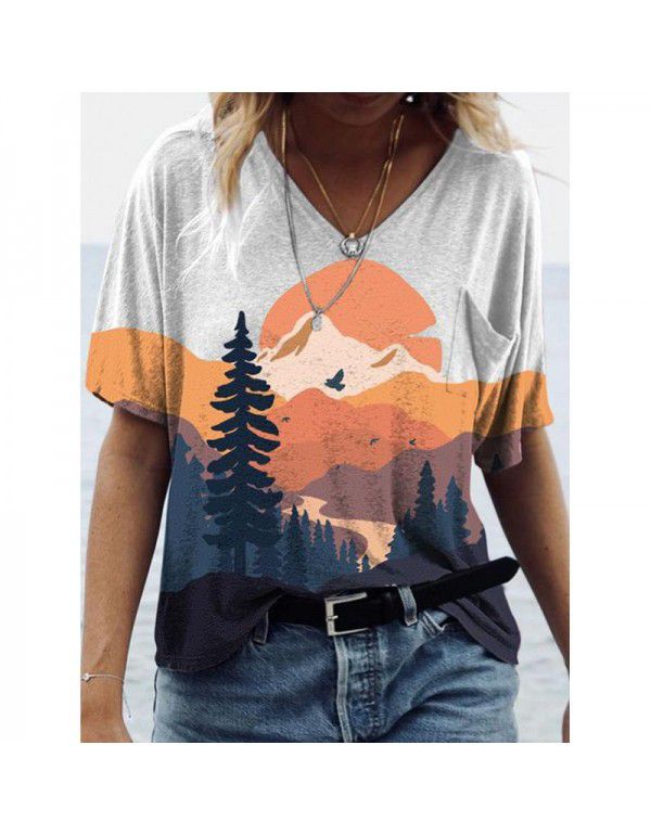 Summer New Landscape Painting Print V-Neck Short Sleeve T-shirt Women