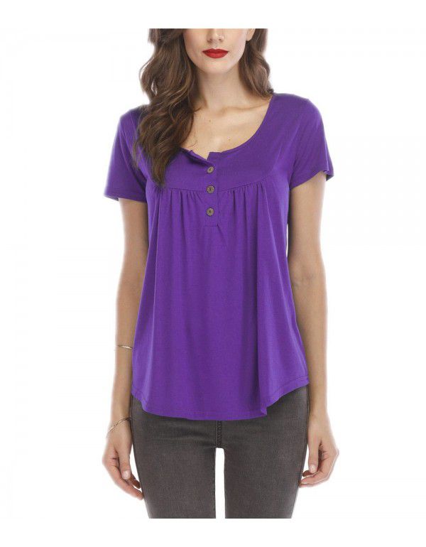 Hot summer sale pleated button loose fitting short sleeve T-shirt