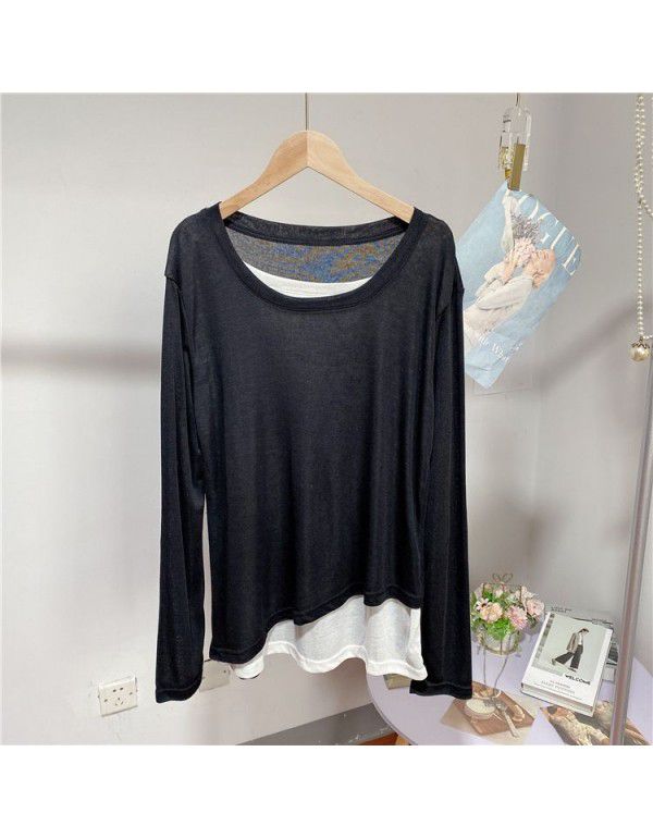 Fake two thin Tencel facial mask long sleeve round neck T-shirt women's spring loose medium length bottoming shirt top 