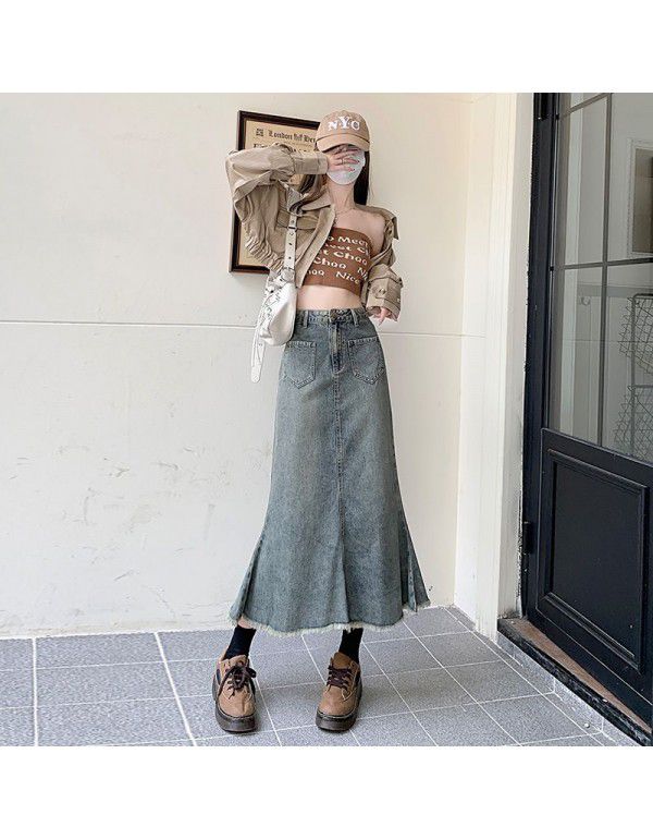 Vintage Denim Skirt Women's Spring and Autumn New Fishtail Skirt High Waist A-line Slim Mid Length Wrapped Hip Skirt 