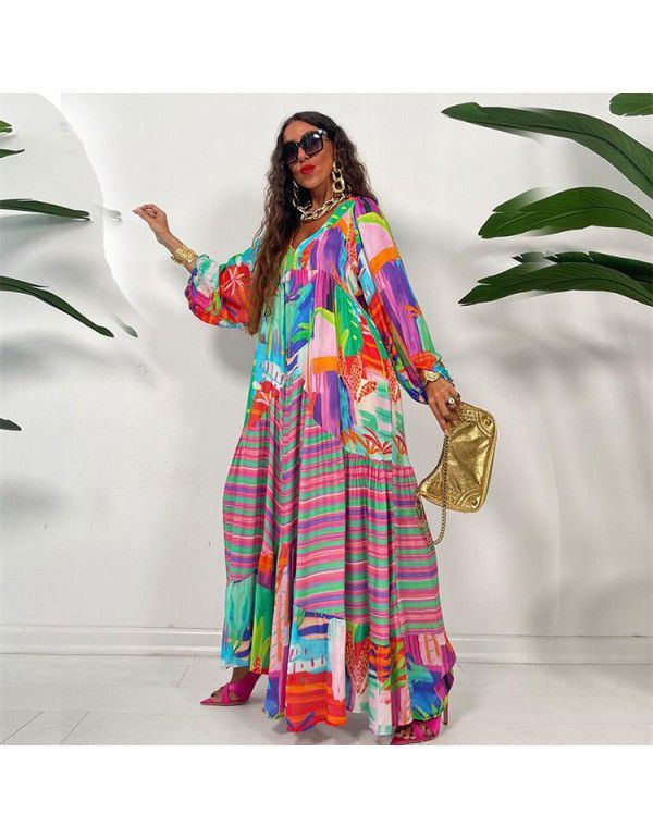 Oversized Swing V-Neck Print Dress Spring/Summer New Vintage French Court Style Pleated Long Sleeve Loose Fit Dress