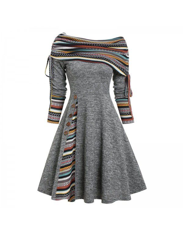 Women's autumn and winter new long-sleeved one-shoulder solid color printed patchwork button dress 