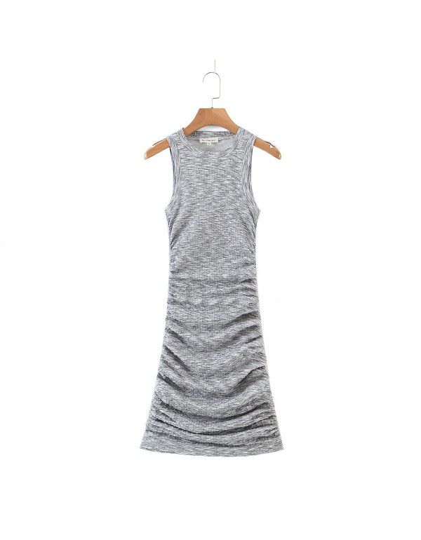 Round Neck Sleeveless Wrapped Hip Dress Women's Summer Stretch Tight Pleated Tank Top Skirt Short Skirt 