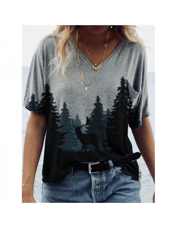 Summer New Landscape Painting Print V-Neck Short Sleeve T-shirt Women