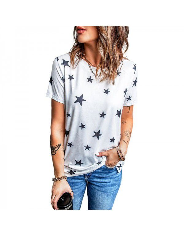 Shiying Short Sleeve T-shirt Women's European Summer New Stripe Pattern Women's Loose Round Neck Top Women
