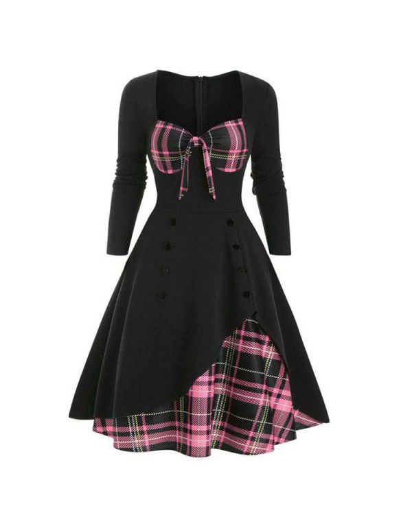 Spring and summer new women's color contrast stitching double-breasted large hem dress 