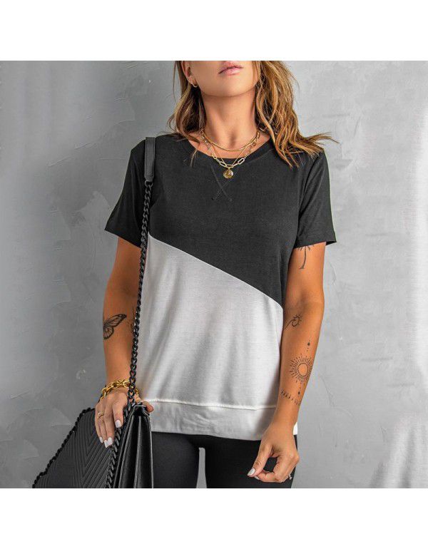 Shiying Short Sleeve T-shirt Women's European Summer New Stripe Pattern Women's Loose Round Neck Top Women