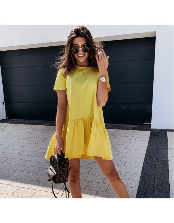 Spring New Temperament Commuter Mid-waist Solid Color Pullover Loose Round Neck Ruffle Flap Dress Women's Dress 