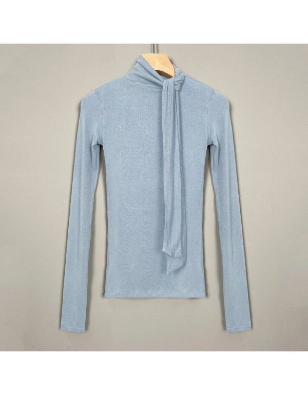 New sexy celebrity woman-style ribbon tight-fitting, slightly revealing chest, large high-necked long-sleeved T-shirt, female 
