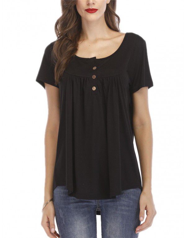 Hot summer sale pleated button loose fitting short sleeve T-shirt