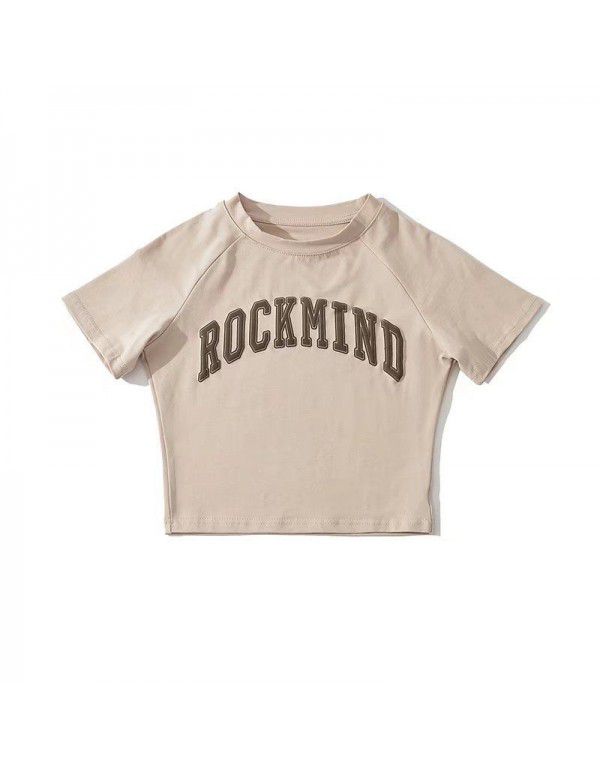 Letter embroidery short-sleeved t-shirt women's round neck short summer style design feeling slim hot girl exposed navel top 