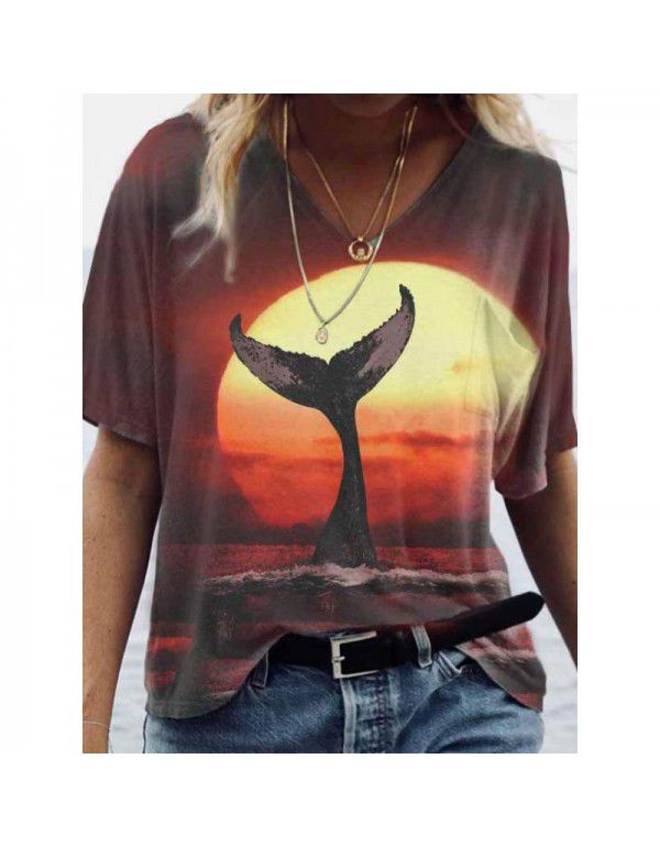 Summer New Landscape Painting Print V-Neck Short Sleeve T-shirt Women