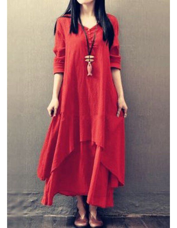 Spring and autumn holiday two-piece long skirt, artistic large linen dress, loose long-sleeved cotton and linen skirt 