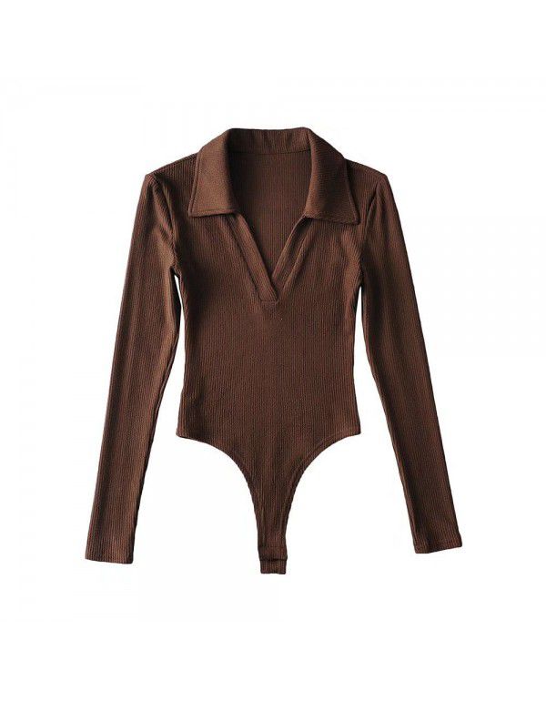 New Spice Girls sexy deep V-neck long-sleeved one-piece women's autumn and winter polo lapel slim bottom T-shirt top 