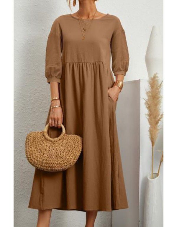 Solid Fashion Lantern Sleeves Loose Cotton Linen Pocket Dress In Stock