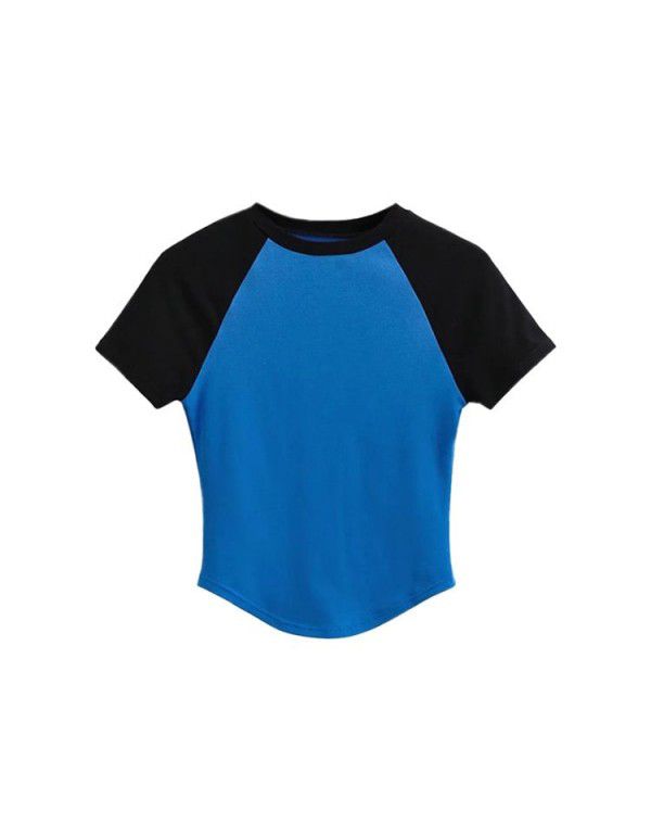Retro panel contrast hem irregular versatile top summer basic round neck slim short t-shirt women 