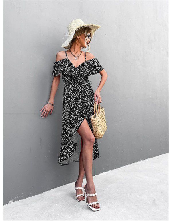Popular Off Shoulder Floral Strap Dress Irregular Long Dress