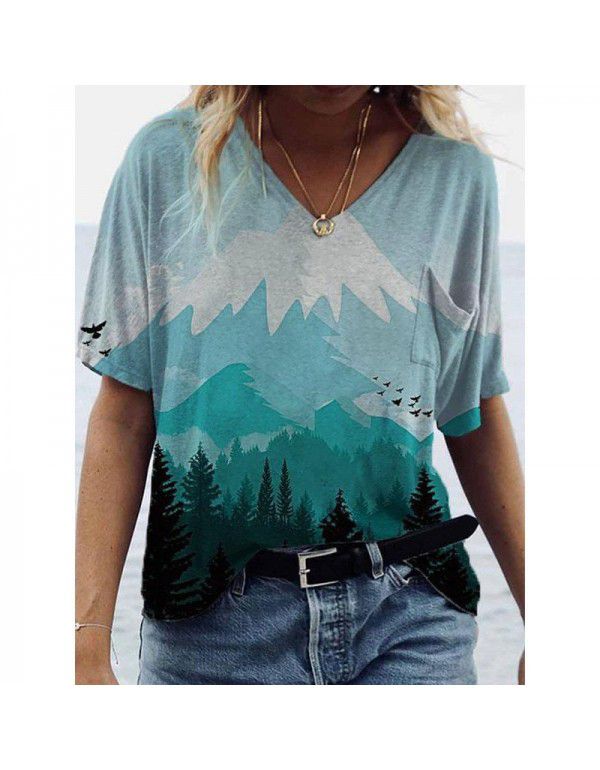 Summer New Landscape Painting Print V-Neck Short Sleeve T-shirt Women