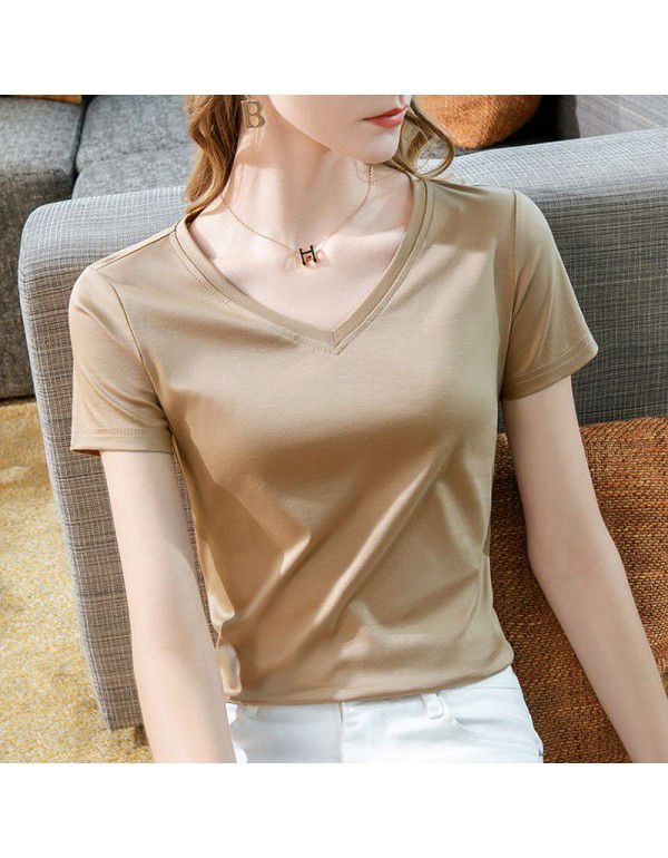Ice feeling mercerized cotton short-sleeved t-shirt women's new style women's temperament v-neck pure cotton t-shirt pure color high-grade top 