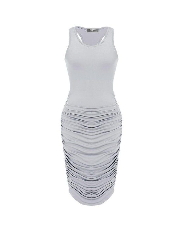 Women's sexy dress slim pleated sleeveless buttock dress 