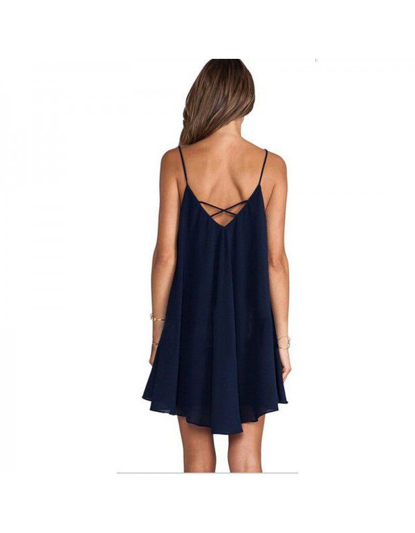 Women's New Loose Large Women's Solid Chiffon Dress Occidental Sexy Strap Dress