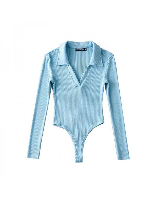 New Spice Girls sexy deep V-neck long-sleeved one-piece women's autumn and winter polo lapel slim bottom T-shirt top 