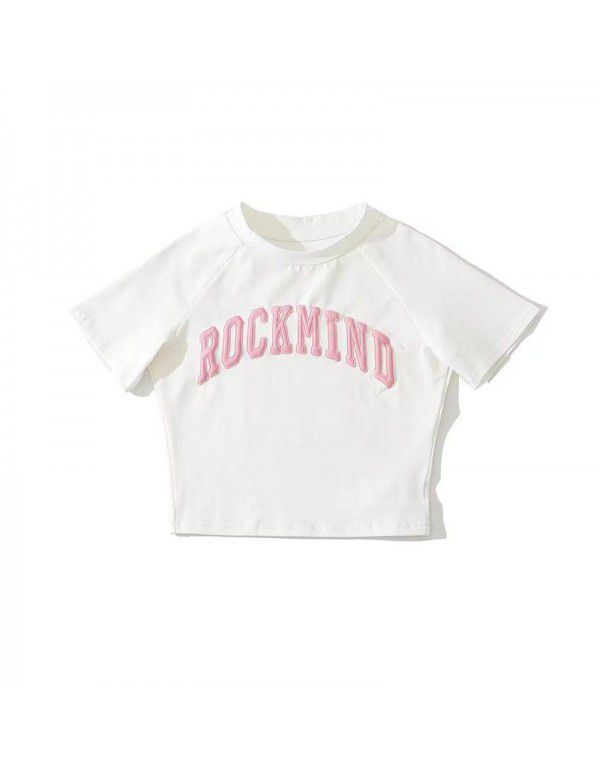 Letter embroidery short-sleeved t-shirt women's round neck short summer style design feeling slim hot girl exposed navel top 
