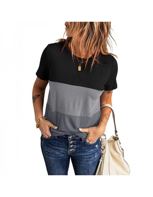 Shiying Short Sleeve T-shirt Women's European Summer New Stripe Pattern Women's Loose Round Neck Top Women