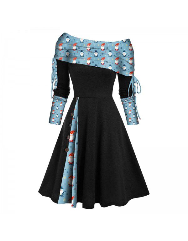Women's autumn and winter new long-sleeved one-shoulder solid color printed patchwork button dress 
