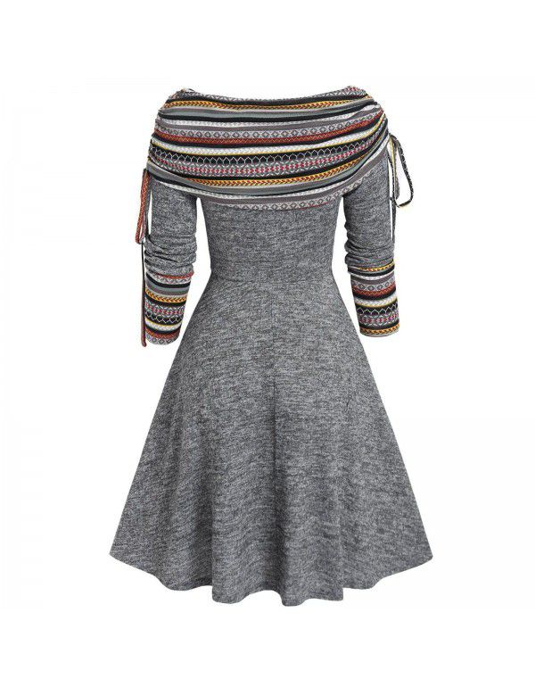 Women's autumn and winter new long-sleeved one-shoulder solid color printed patchwork button dress 