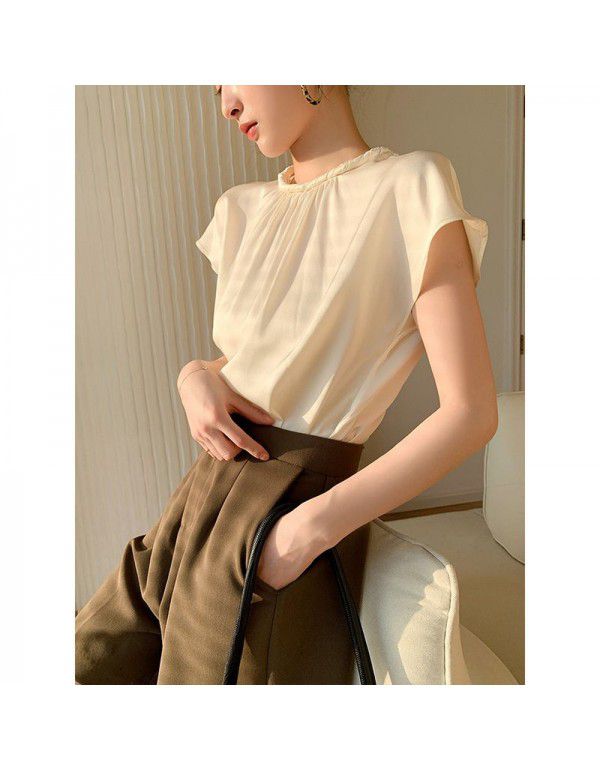 Summer short-sleeved shirt French fashion western-style satin short-sleeved retro court style female T-shirt top summer 