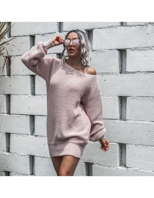 Women's autumn and winter dress European casual off shoulder lantern sleeve knitted woolen dress