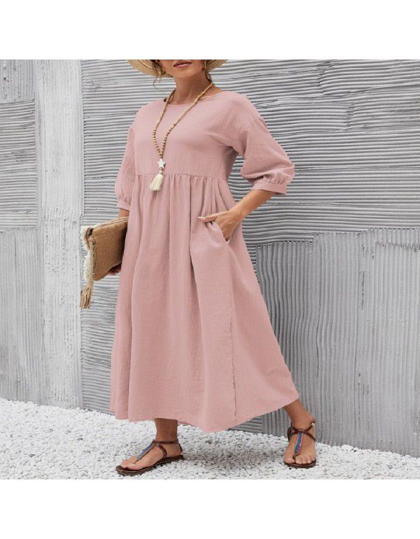 Solid Fashion Lantern Sleeves Loose Cotton Linen Pocket Dress In Stock