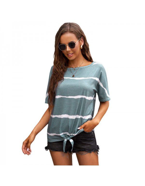 Shiying Short Sleeve T-shirt Women's European Summer New Stripe Pattern Women's Loose Round Neck Top Women