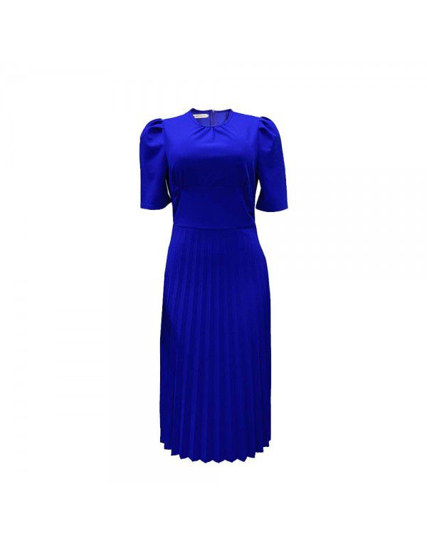 Summer New Short Sleeve Pressed Pleated Solid Color Foreign Trade Dress for Europe and America