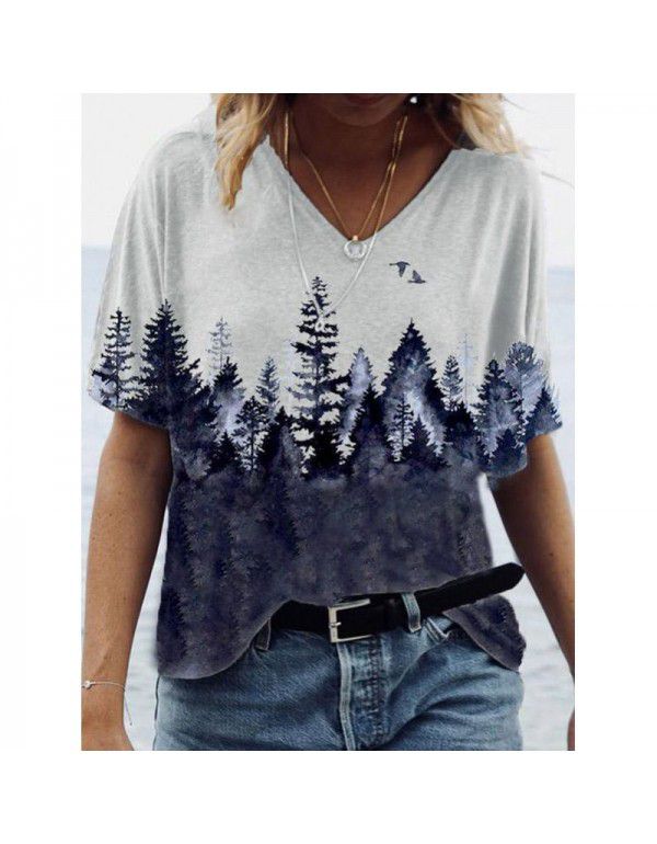 Summer New Landscape Painting Print V-Neck Short Sleeve T-shirt Women