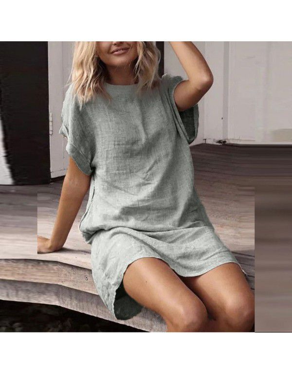 Women's Loose Casual Solid Color Short Sleeve Cotton Linen Dress Women