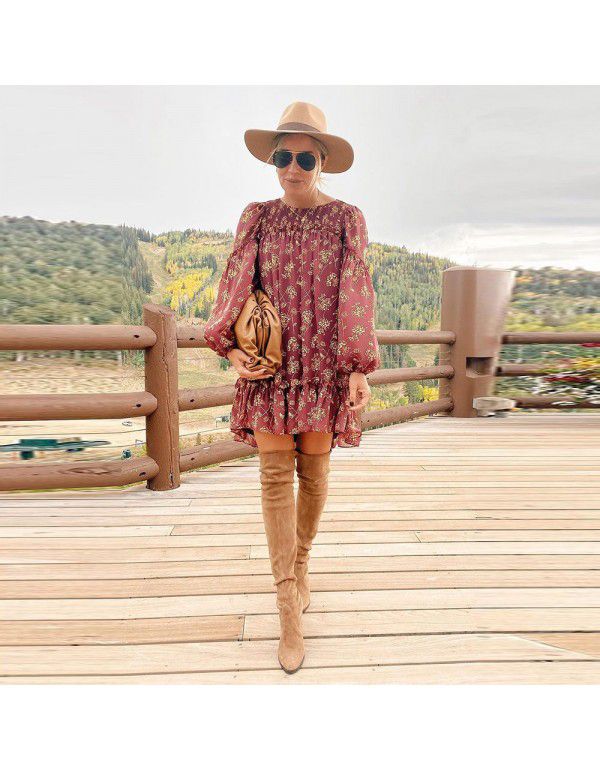 Shiying Red Ruffled Loose Sleeve Dress Women's Loose Pullover Knee Length Dress