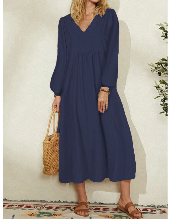 Summer New Fashion Women's Cotton Linen Loose Lantern Sleeves Occidental Dress