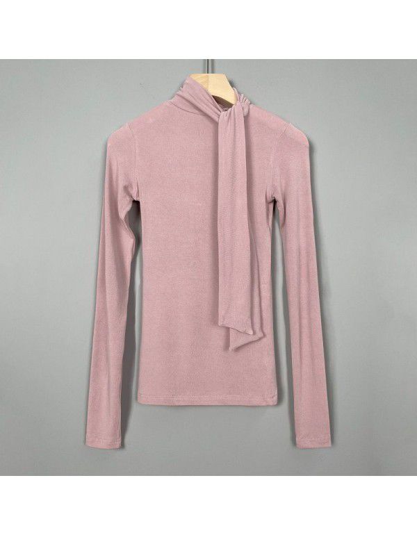 New sexy celebrity woman-style ribbon tight-fitting, slightly revealing chest, large high-necked long-sleeved T-shirt, female 