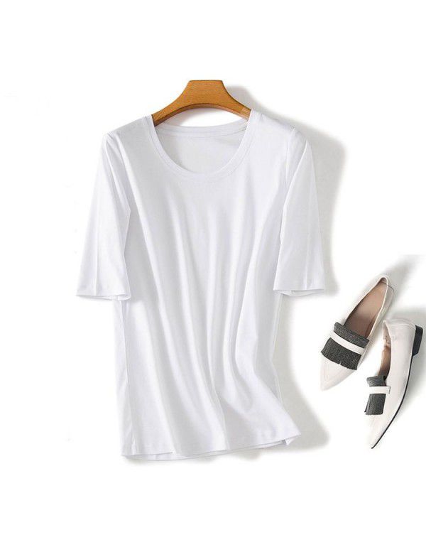 New autumn mercerized cotton medium sleeve round neck t-shirt for women's pure cotton white quarter sleeve thin bottom T-shirt 