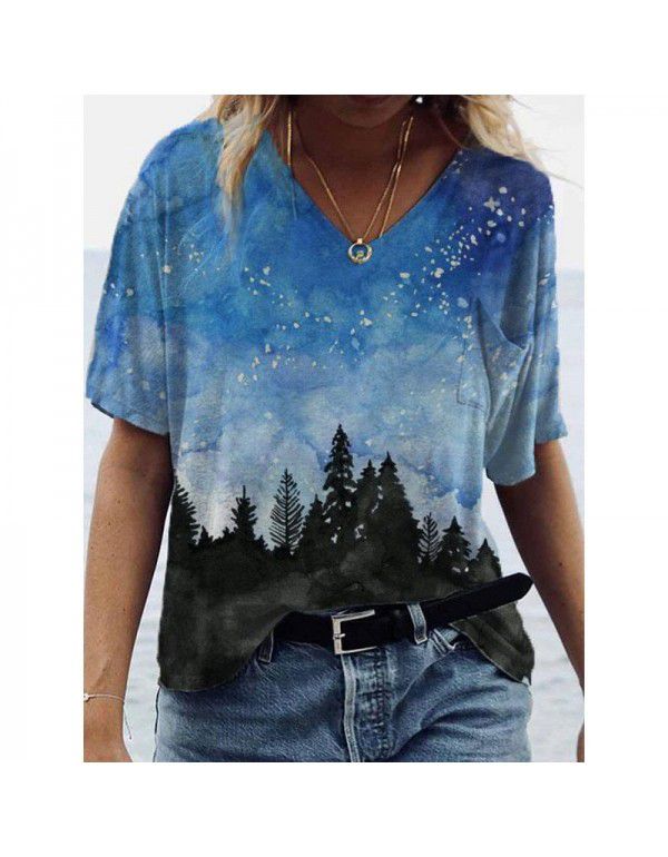 Summer New Landscape Painting Print V-Neck Short Sleeve T-shirt Women