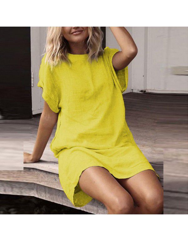 Women's Loose Casual Solid Color Short Sleeve Cotton Linen Dress Women