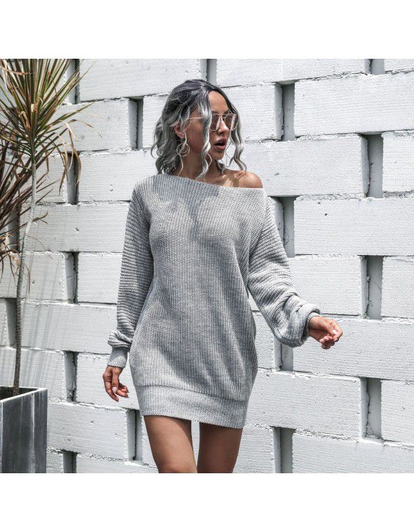 Women's autumn and winter dress European casual off shoulder lantern sleeve knitted woolen dress