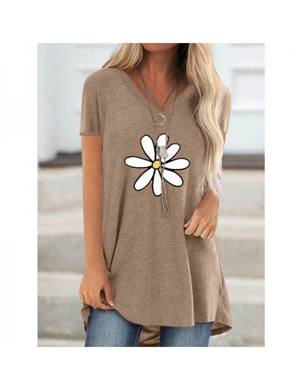 Summer Women's Fashion V-neck Short Sleeve Shirt Loose Print Top Casual Pullover Large T-shirt Women 