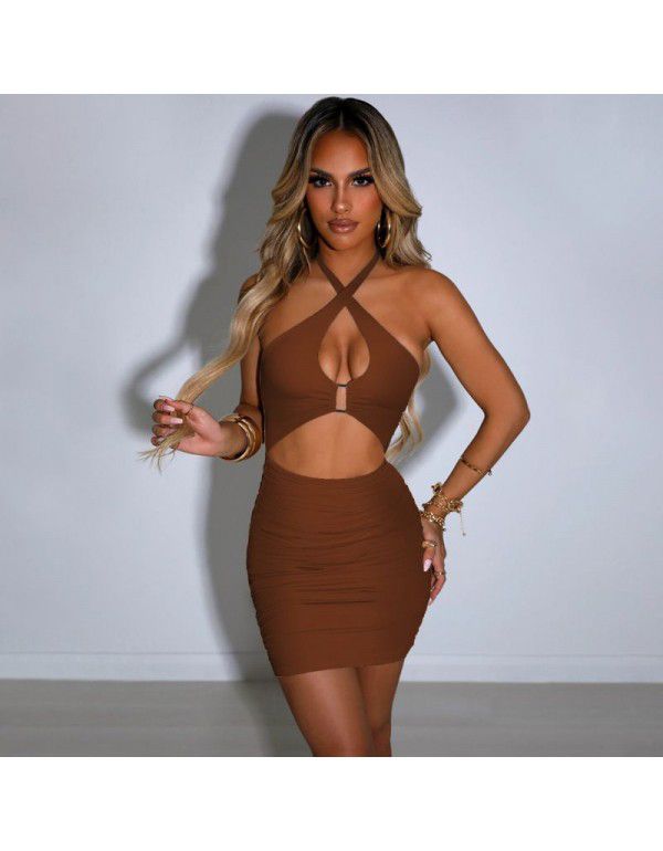 Spring and Summer New Cutout Sexy Open Back Cross Hanging Neck Snap Wrap Hip Dress Women's Double Layer