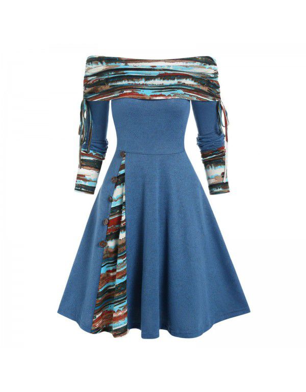 Women's autumn and winter new long-sleeved one-shoulder solid color printed patchwork button dress 