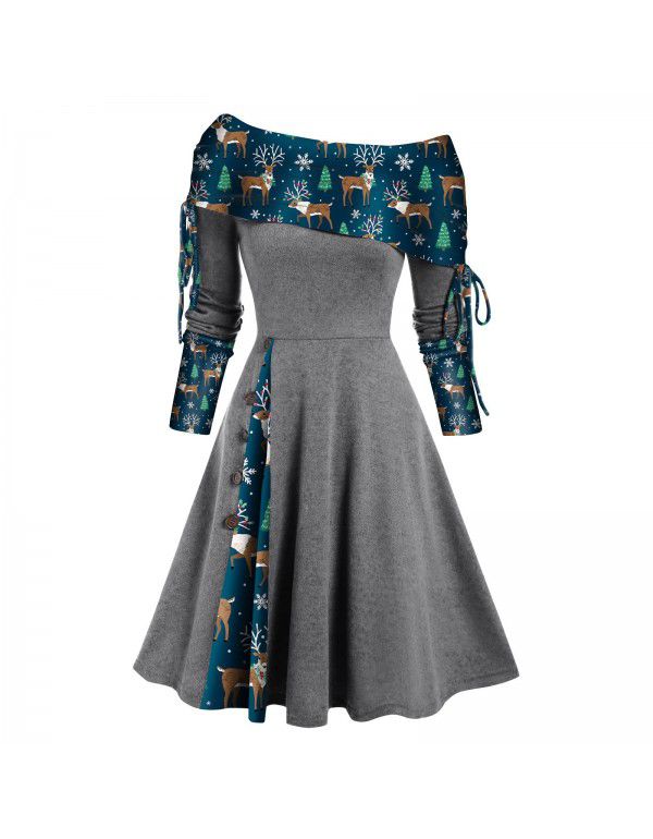 Women's autumn and winter new long-sleeved one-shoulder solid color printed patchwork button dress 